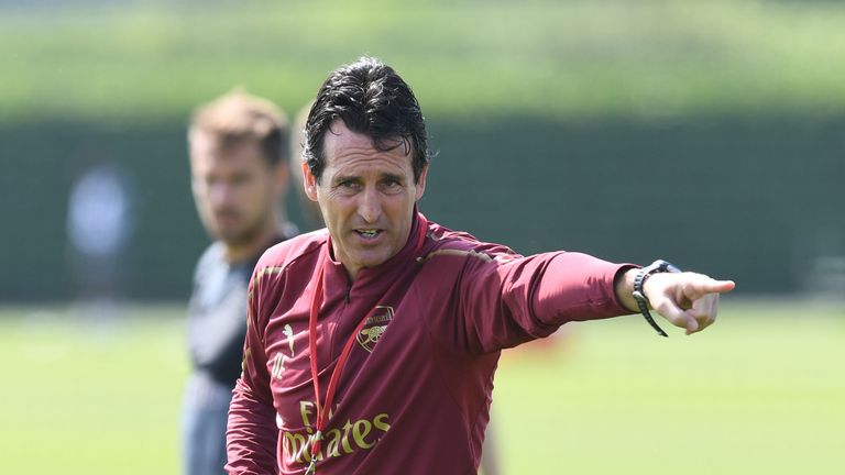 Arsenal head coach Unai Emery takes a training session at London Colney on July 12, 2018
