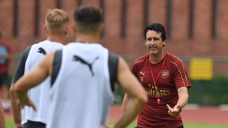 Head Coach Unai Emery takes an Arsenal training at Singapore American School on July 25, 2018 in Singapore