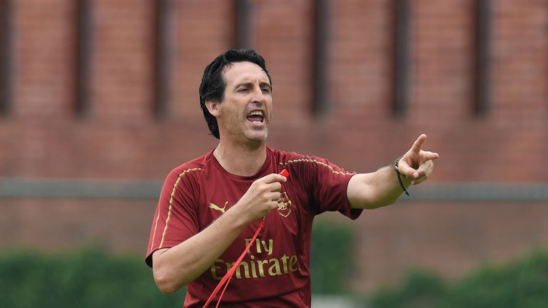 Head Coach Unai Emery takes an Arsenal training at Singapore American School on July 25, 2018 in Singapore
