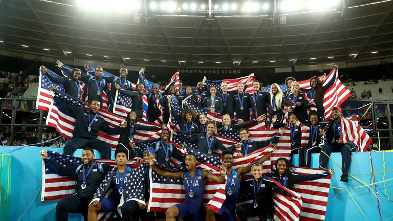 Team USA celebrate after claiming the Platinum Trophy at the Athletics World Cup in London