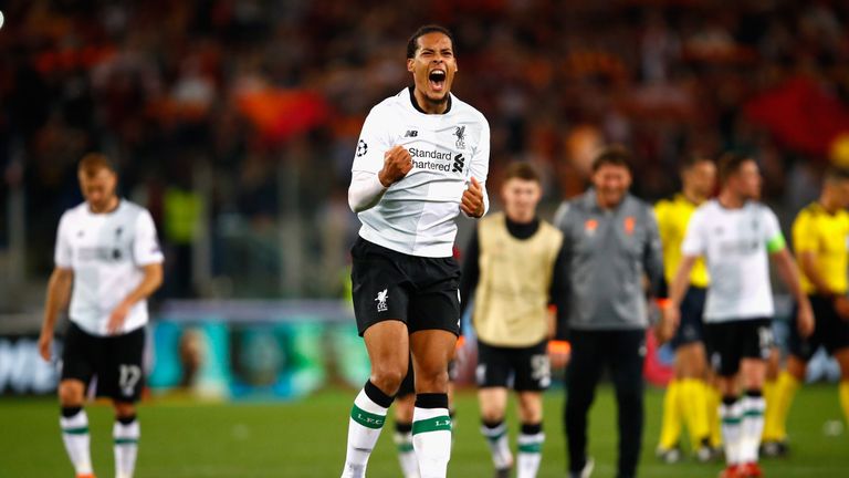  Virgil van Dijk of Liverpool celebrates after the full time whistle as Liverpool qualify for the Champions League Final during the UEFA Champions League Semi Final Second Leg match between A.S. Roma and Liverpool at Stadio Olimpico on May 2, 2018 in Rome, Italy. 