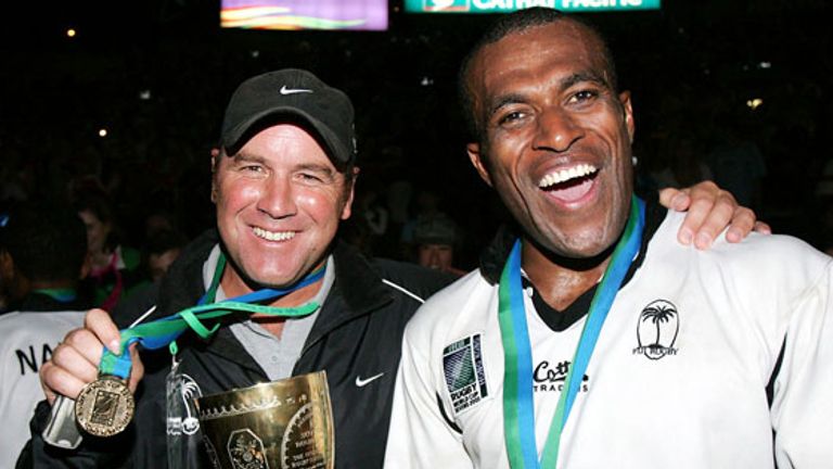 Fijian coach Wayne Pivac and Sireli Bobo pose for a photo at theconclusion of the final of  the 2005 Rugby World Cup Sevens, Hong Kong, Sunday 20 March 2005. Fiji defeated New Zealand 24-19 to win the Melrose Cup and the 2005 Sevens Rugby World Cup. PHOTO: Andrew Cornaga/PHOTOSPORT