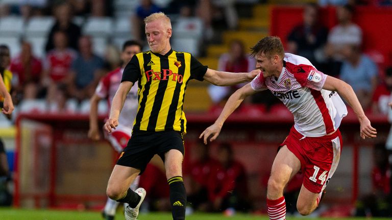 Will Hughes of Watford and James Ferry of Stevenage during a pre-season friendly