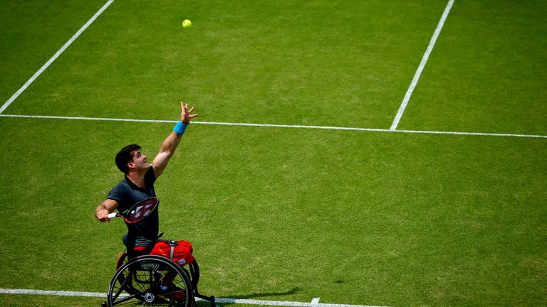  during day one of the Surbiton Wheelchair Tennis Championships at Surbiton Racket & Fitness Club on July 6, 2017 in Surbiton, England.