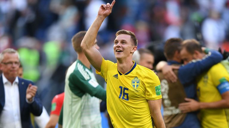 Sweden's defender Emil Krafth celebrates their victory at the end of the Russia 2018 World Cup round of 16 football match between Sweden and Switzerland at the Saint Petersburg Stadium in Saint Petersburg on July 3, 2018.