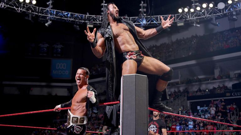 Intercontinental Champion Dolph Ziggler and Drew McIntyre overpower Roman Reigns until Seth Rollins evens the odds.