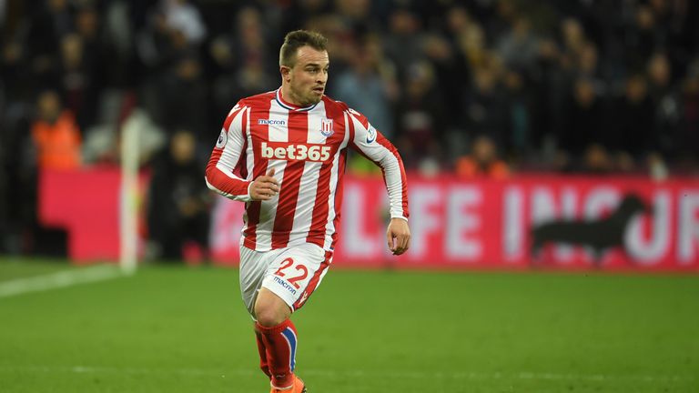 Xherdan Shaqiri during the Premier League match between West Ham United and Stoke City at London Stadium on April 16, 2018 in London, England