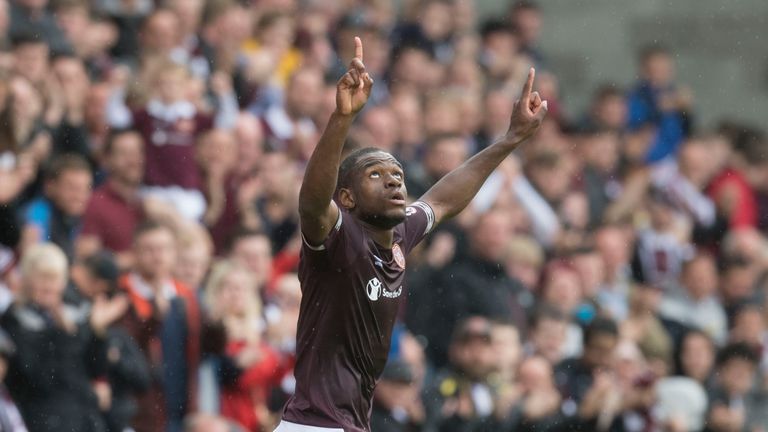 Hearts striker Uche Ikpeazu celebrates scoring one of his two goals against Inverness CT in the League Cup on Sunday