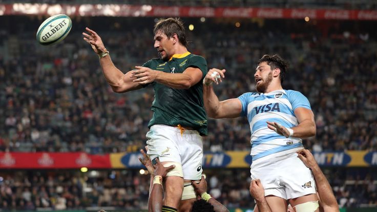 Eben Etzebeth of South Africa out jumps Javier Ortega Desio of Argentina during the Rugby Championship match between South Africa and Argentina at Jonsson Kings Park on August 18, 2018 in Durban, South Africa