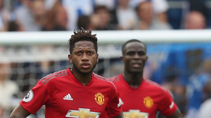Fred and Eric Bailly during the Premier League match between Brighton & Hove Albion and Manchester United at American Express Community Stadium on August 19, 2018 in Brighton, United Kingdom.