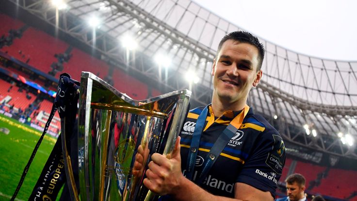 Leinster's Irish fly-half Johnny Sexton poses with the trophy after the 2018 European Champions Cup final rugby union match between Racing 92 and Leinster at the San Mames Stadium in Bilbao on May 12, 2018. (