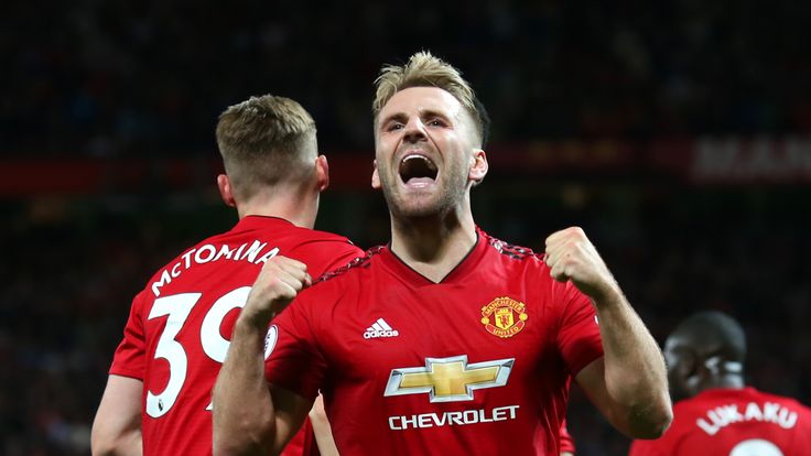 Luke Shaw celebrates his first senior goal in the 2-1 win over Leicester City