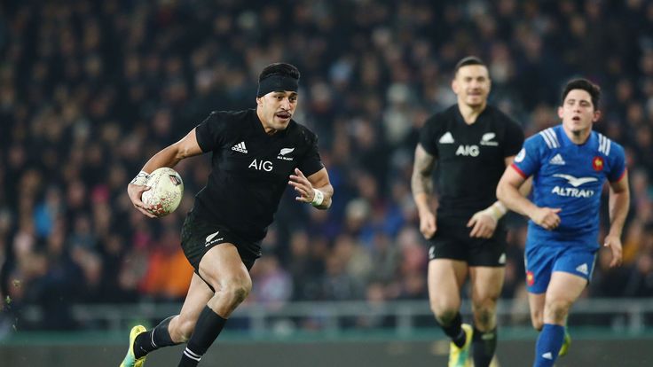  Rieko Ioane of the All Blacks makes a break to score a try during the International Test match between the New Zealand All Blacks and France at Forsyth Barr Stadium on June 23, 2018 in Dunedin, New Zealand