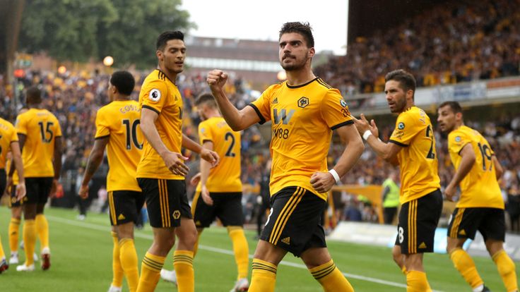 Ruben Neves pumps his fist in celebration after equalising against Everton