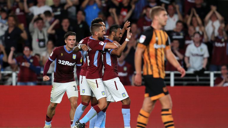 Aston Villa's Ahmed Elmohamady celebrates scoring his sides second goal during the Sky Bet Championship match at the KCOM Stadium, Hull. PRESS ASSOCIATION Photo. Picture date: Monday August 6, 2018. See PA story SOCCER Hull. Photo credit should read: Mike Egerton/PA Wire. RESTRICTIONS: EDITORIAL USE ONLY No use with unauthorised audio, video, data, fixture lists, club/league logos or "live" services. Online in-match use limited to 75 images, no video emulation. No use in betting, games or single club/league/player publications.