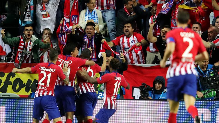 Atletico players celebrate Diego Costa's opening goal