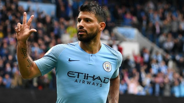 Sergio Aguero of Manchester City celebrates after scoring his team&#39;s fifth goal during the Premier League match between Manchester City and Huddersfield Town at Etihad Stadium on August 19, 2018 in Manchester, United Kingdom. 