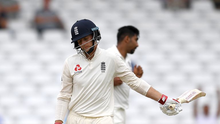 Joe Root reacts following his dismissal on day four at Trent Bridge