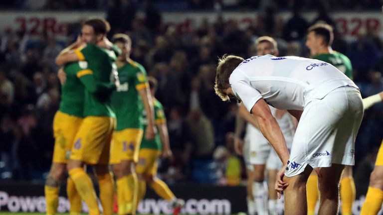 Patrick Bamford shows his dejection after Leeds were beaten by Preston in the Carabao Cup