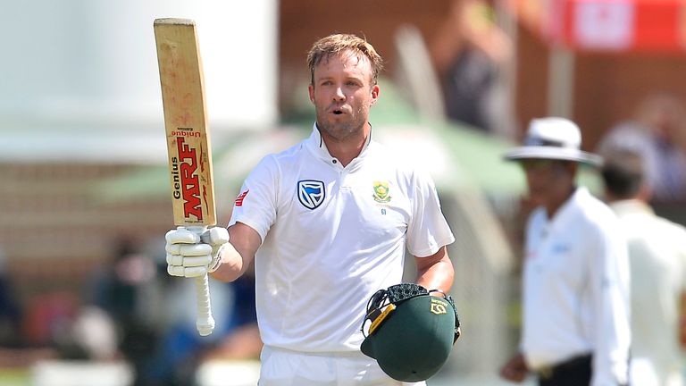 PORT ELIZABETH, SOUTH AFRICA - MARCH 11: AB de Villiers of South Africa celebrates scoring 100 runs during day 3 of the 2nd Sunfoil Test match between South Africa and Australia at St Georges Park on March 11, 2018 in Port Elizabeth, South Africa. (Photo by Ashley Vlotman/Gallo Images)