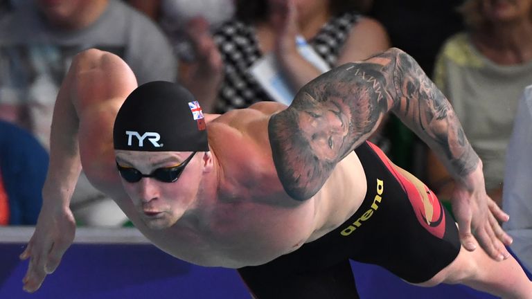 Britain's Adam Peaty competes in the Men's 50m breaststroke swimming semi-final at the Tollcross swimming centre during the 2018 European Championships in Glasgow on August 7, 2018
