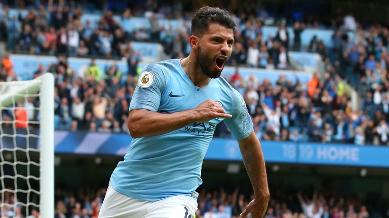 Sergio Aguero of Manchester City celebrates after scoring his team's third goal during the Premier League match between Manchester City and Huddersfield Town at Etihad Stadium on August 19, 2018