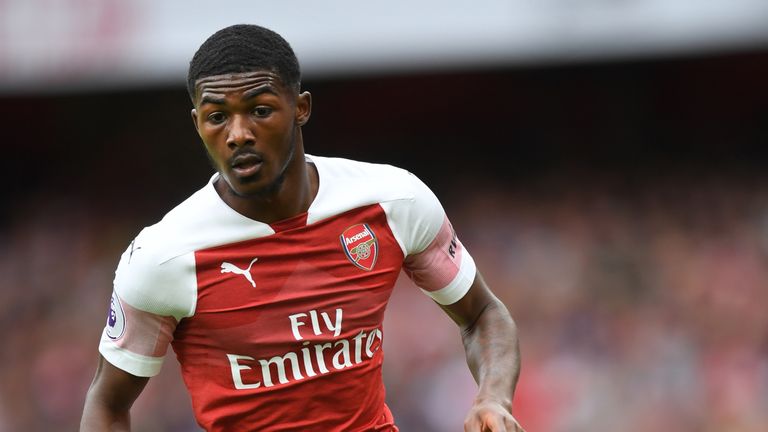Ainsley Maitland-Niles in action during the Premier League match between Arsenal and Manchester City at the Emirates Stadium on August 12, 2018