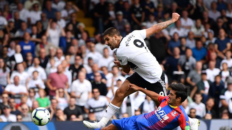 Aleksandar Mitrovic takes a shot under pressure from James Tomkins