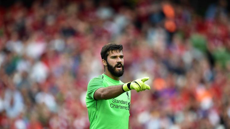 Alisson Becker during the international friendly game between Liverpool and Napoli at Aviva Stadium on August 4, 2018