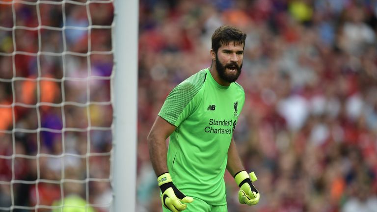 DUBLIN, IRELAND - AUGUST 04: Alisson Becker of Liverpool during the international friendly game between Liverpool and Napoli at Aviva Stadium on August 4, 2018 in Dublin, Ireland. (Photo by Charles McQuillan/Getty Images)