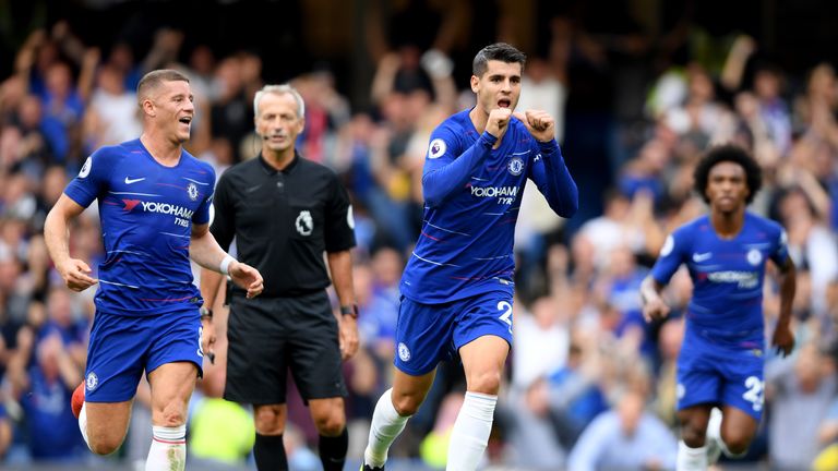 Alvaro Morata of Chelsea celebrates after scoring his team's second goal during the Premier League match between Chelsea FC and Arsenal FC at Stamford Bridge on August 18, 2018 in London, United Kingdom