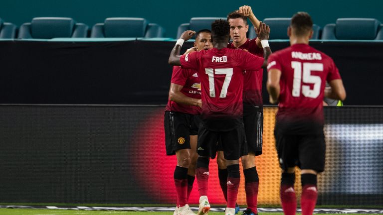 MIAMI, FL - JULY 31: Ander Herrera #21 of Manchester United celebrates with teammates after scoring a goal during the first half of the International Champions Cup match against Real Madrid at Hard Rock Stadium on July 31, 2018 in Miami, Florida. (Photo by Rob Foldy/Getty Images) *** Local Caption *** Ander Herrera