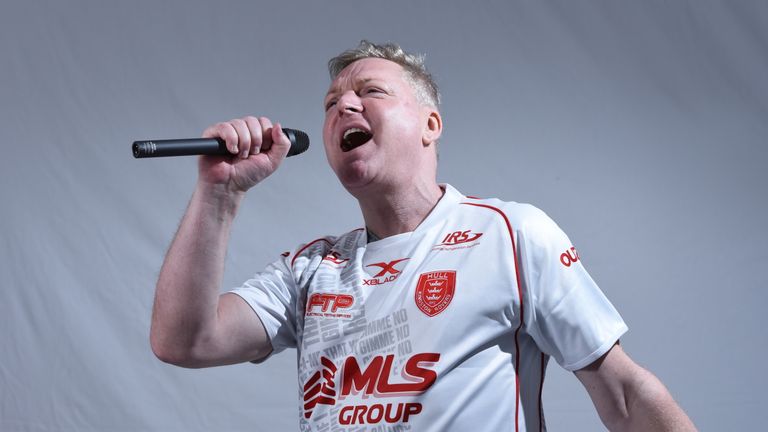 Erasure's Andy Bell wearing the Hull KR charity shirt for 2018 - 'A Little Respect'