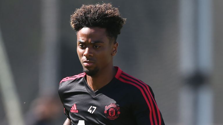 LOS ANGELES, CA - JULY 23:  (EXCLUSIVE COVERAGE)  Angel Gomes of Manchester United in action during a Manchester United pre-season training session at UCLA on July 23, 2018 in Los Angeles, California. (Photo by John Peters/Man Utd via Getty Images)