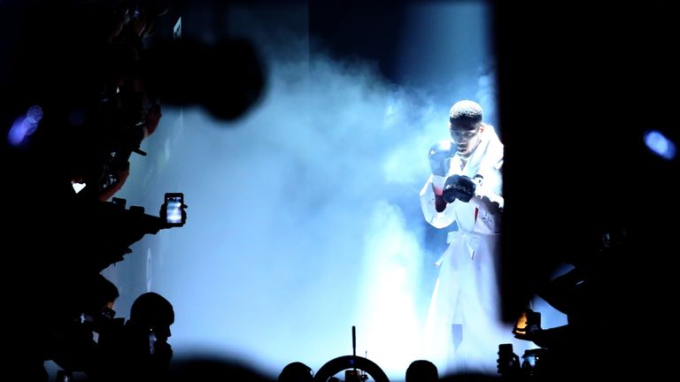  Anthony Joshua walks out to fight Joseph Parker during there WBA, IBF, WBO & IBO Heavyweight Championship title fight at Principality Stadium