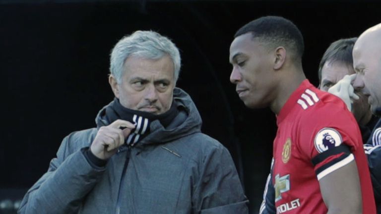 Manager Jose Mourinho of Manchester United speaks to Anthony Martial during the Premier League match between Newcastle United and Manchester United at St. James Park on February 11, 2018 in Newcastle upon Tyne, England.