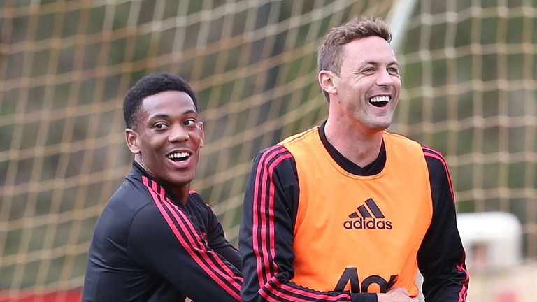 Anthony Martial and Nemanja Matic share a joke in training 