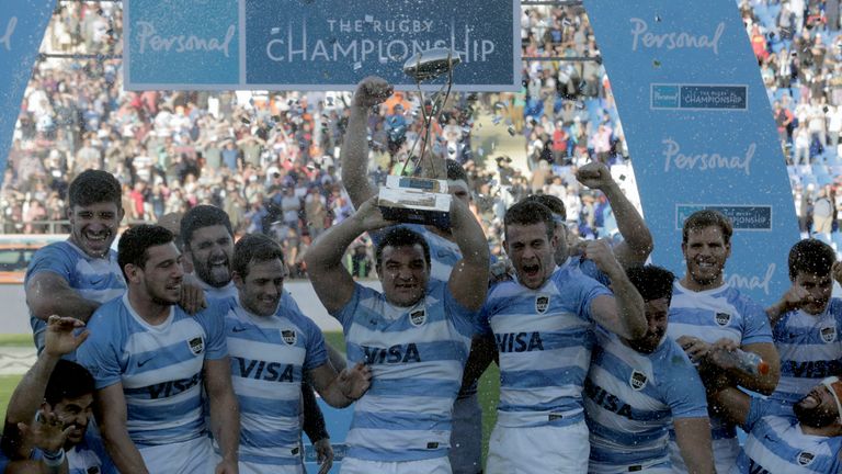 Argentina celebrate their victory over South Africa at the Estadio Islas Malvinas in the 2018 Rugby Championship