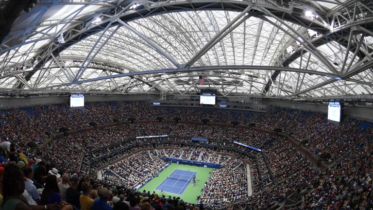 A general view of Arthur Ashe Stadium with the roof closed during the second round Men's Singles match between Andy Murray of Great Britain and Marcel Granollers of Spain on Day Four of the 2016 US Open at the USTA Billie Jean King National Tennis Center on September 1, 2016 in the Flushing neighborhood of the Queens borough of New York City.