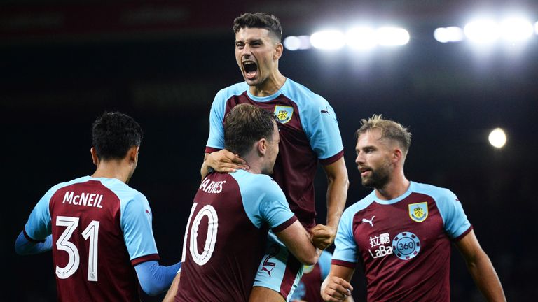 Ashley Westwood of Burnley celebrates after Ashley Barnes scores during the UEFA Europa League Second Qualifying Round match between Burnley and Aberdeen at Turf Moor on August 2, 2018 in Burnley, England.