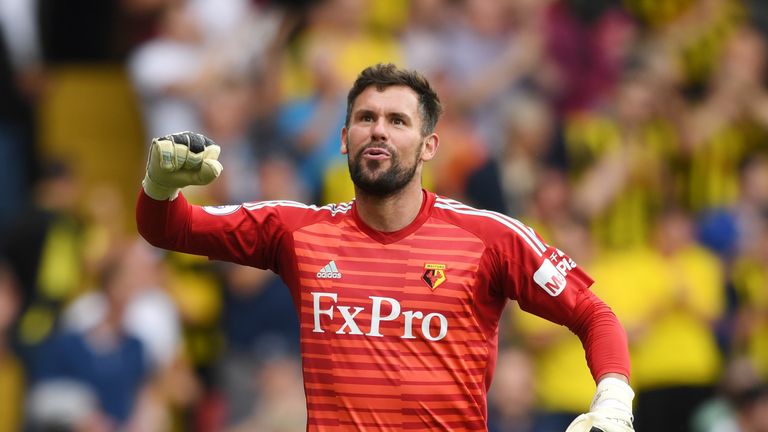 Ben Foster of Watford in action during the Premier League match between Watford FC and Brighton & Hove Albion at Vicarage Road on August 11, 2018 in Watford, United Kingdom.