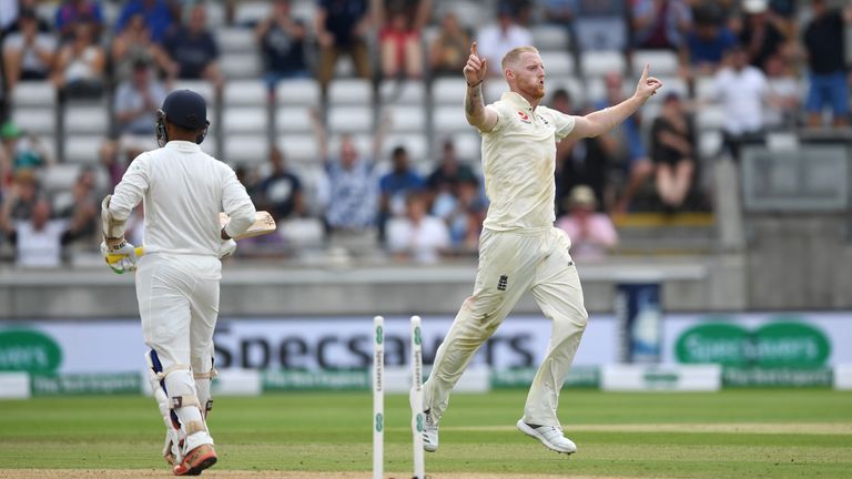Ben Stokes celebrates taking a wicket against India