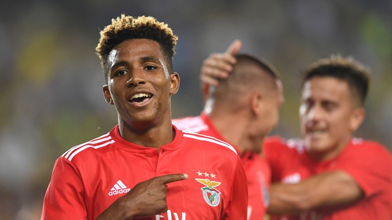 Benfica's Gebson Fernandes (L) celebrates with his team mates after scoring a goal during UEFA Champions league third round second leg qualifying football match between Fenerbahce
