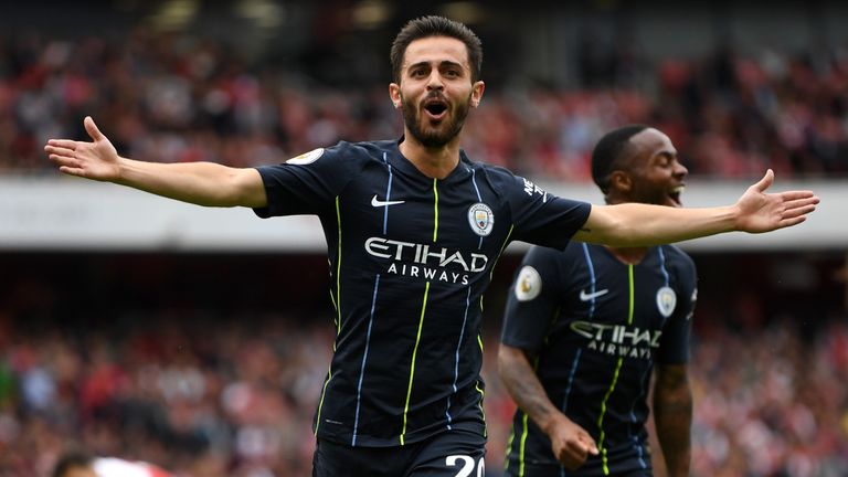 Bernardo Silva celebrates after doubling Manchester City's lead at the Emirates Stadium
