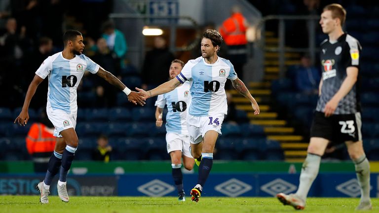 Blackburn Rovers' Charlie Mulgrew (right) celebrates scoring his team's first goal against Reading from the penalty spot, Sky Bet Championship, 22 August 2018