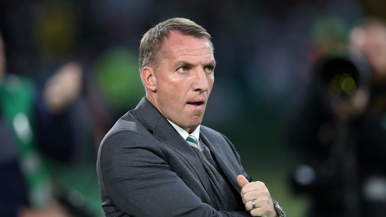Celtic Manager Brendan Rodgers looks on ahead of the second leg of the UEFA Europa League Play Off between Celtic and Suduva at Celtic Park Stadium on August 30, 2018 in Glasgow, Scotland.