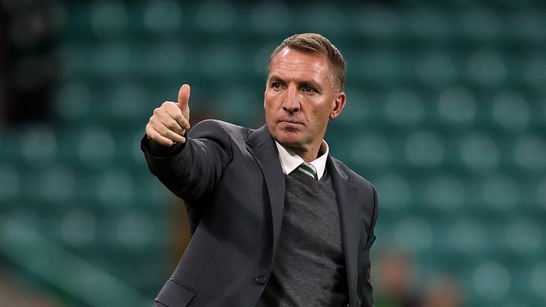 Celtic Manager Brendan Rodgers acknowledges the fans after the second leg of the UEFA Europa League Play Off between Celtic and Suduva at Celtic Park Stadium on August 30, 2018 in Glasgow, Scotland.