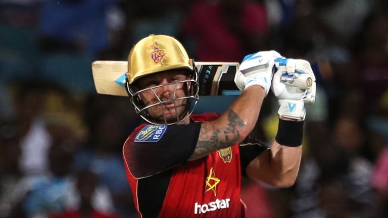 BRIDGETOWN, BARBADOS - AUGUST 26: BRIDGETOWN, BARBADOS:  In this handout image provided by CPL T20, Brendon McCullum of Trinbago Knight Riders hits six during the Hero Caribbean Premier League match between Barbados Tridents and Trinbago Knight Riders at Kensington Oval on August 26, 2018 in Bridgetown, Barbados. (Photo by Ashley Allen - CPL T20/Getty Images) *** Local Caption *** Brendon McCullum