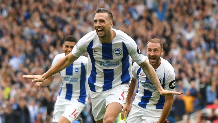 Shane Duffy of Brighton and Hove Albion celebrates after scoring his team's second goal during the Premier League match between Brighton & Hove Albion and Manchester United at American Express Community Stadium on August 19