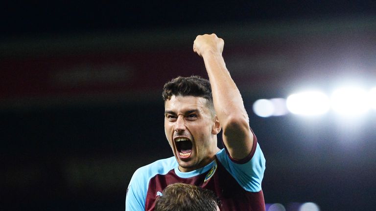 Lowton celebrates Burnley goal v Aberdeen